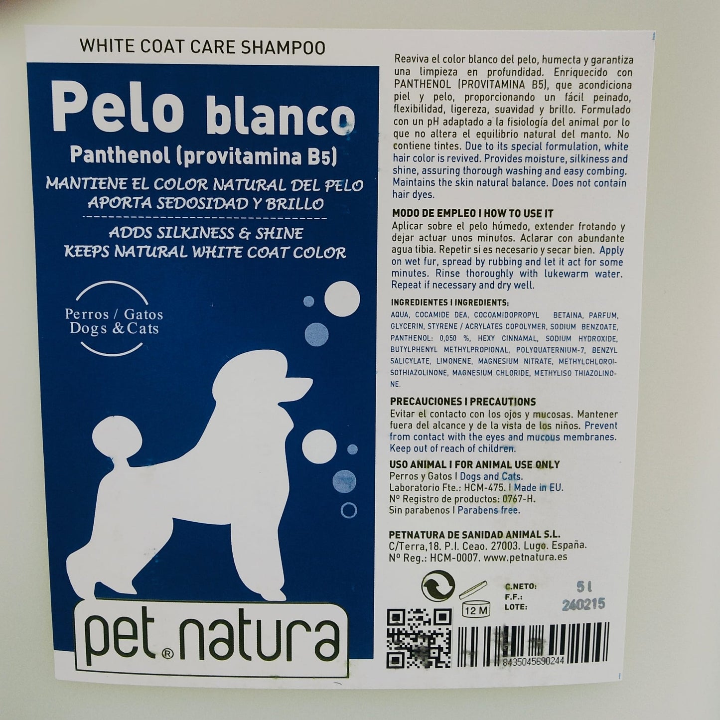 CHAMPU PELO BLANCO 750ml. PETNATURA