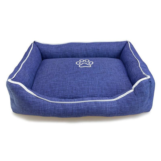 Cama cuadrada azul con huella y ribete 70x55x19 cm.